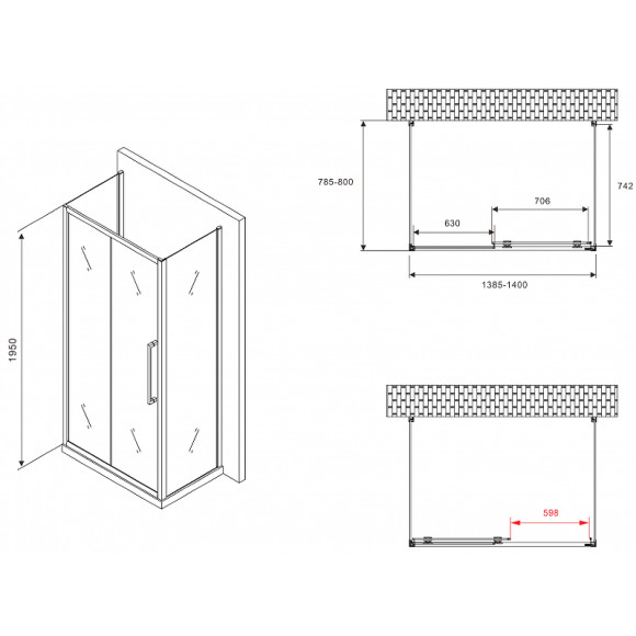 Душевой уголок Abber Schwarzer Diamant 140x80 AG30140BMH-S80BM-S80BM профиль Черный стекло матовое Душевой уголок Abber Schwarzer Diamant 140x80 AG30140BMH-S80BM-S80BM профиль Черный стекло матовое