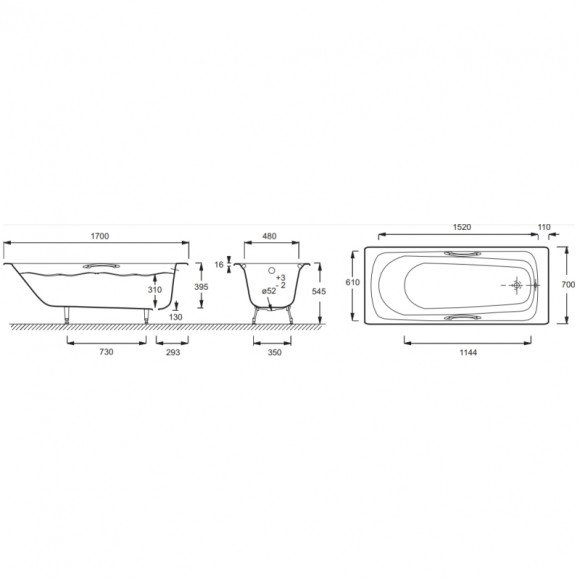 Чугунная ванна Jacob Delafon Melanie 170x70 E2925-00 с антискользящим покрытием