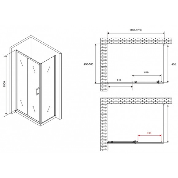 Душевой уголок Abber Schwarzer Diamant 120x50 AG30120B5-S50B5 профиль Черный стекло прозрачное Душевой уголок Abber Schwarzer Diamant 120x50 AG30120B5-S50B5 профиль Черный стекло прозрачное