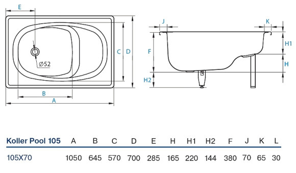 Стальная ванна Koller Pool 105x70E B05E2200E без антискользящего покрытия
