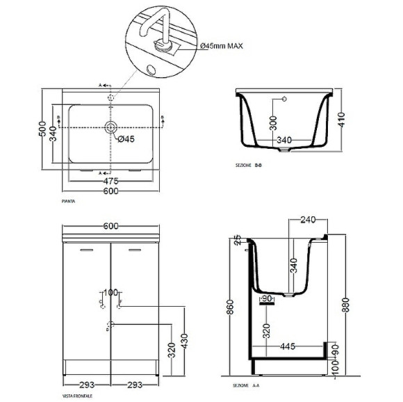 Тумба с хозяйственной раковиной Kerasan Aquadom 60 9166K3*1 Белая с отверстием под смеситель