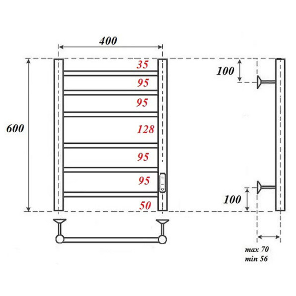 Электрический полотенцесушитель Point Аврора PN10846B П6 400x600 диммер справа Черный Электрический полотенцесушитель Point Аврора PN10846B П6 400x600 диммер справа Черный