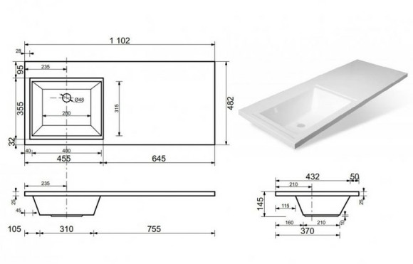 Раковина Эстет Даллас 110 L ФР-00001741 с местом под стиральную машину Белая