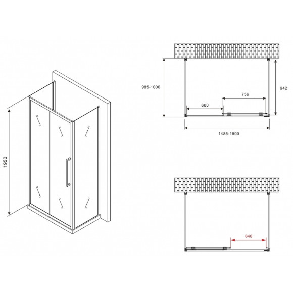 Душевой уголок Abber Schwarzer Diamant 150x100 AG30150BMH-S100BM-S100BM профиль Черный стекло матовое