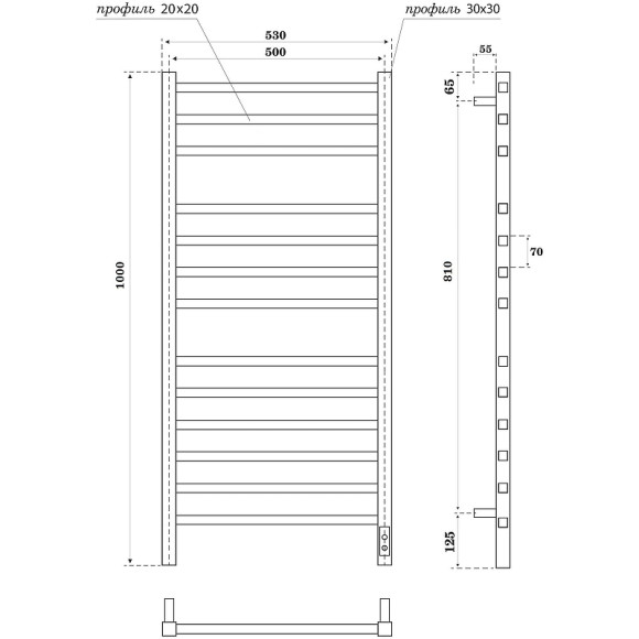 Электрический полотенцесушитель Point Вега PN71850GB П12 500x1000 диммер справа Графит блеск