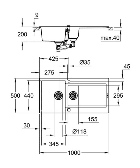 Кухонная мойка Grohe K500 100 31646AP0 Черный гранит Кухонная мойка Grohe K500 100 31646AP0 Черный гранит