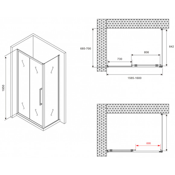 Душевой уголок Abber Schwarzer Diamant 160x70 AG30160BMH-S70BM профиль Черный стекло матовое