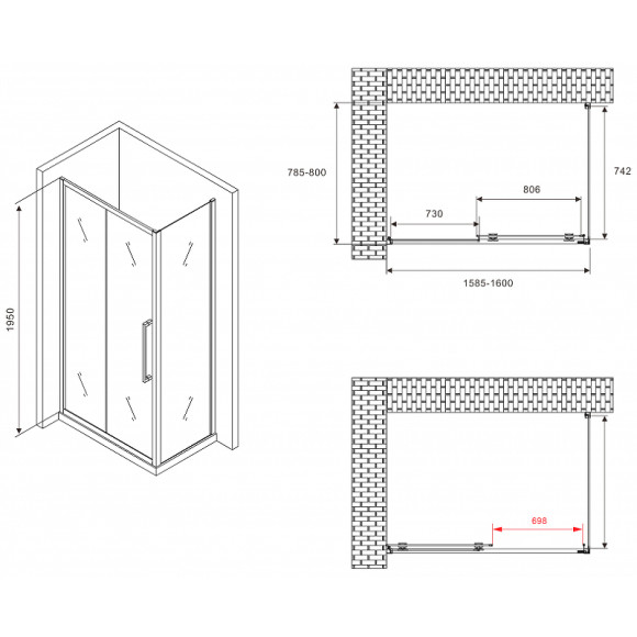 Душевой уголок Abber Schwarzer Diamant 160x80 AG30160BMH-S80BM профиль Черный стекло матовое Душевой уголок Abber Schwarzer Diamant 160x80 AG30160BMH-S80BM профиль Черный стекло матовое