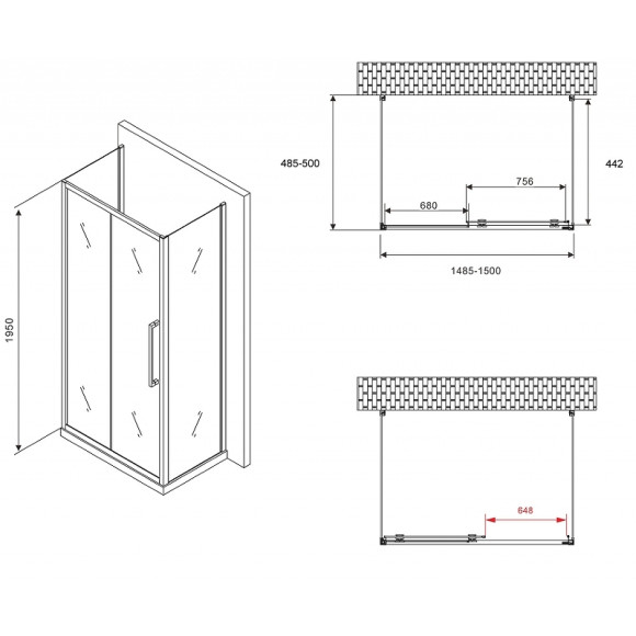 Душевой уголок Abber Schwarzer Diamant 150x50 AG30150MH-S50M-S50M профиль Хром стекло матовое
