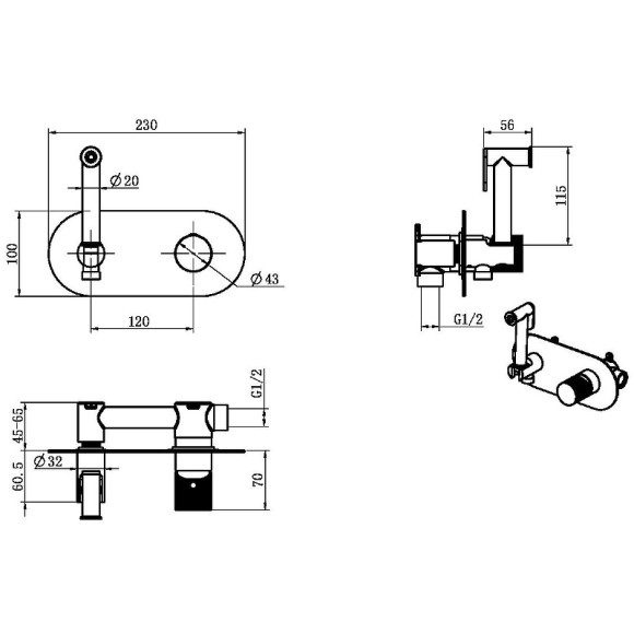 Гигиенический душ со смесителем Boheme Stick 127-SGM.2 Оружейная сталь глянцевая