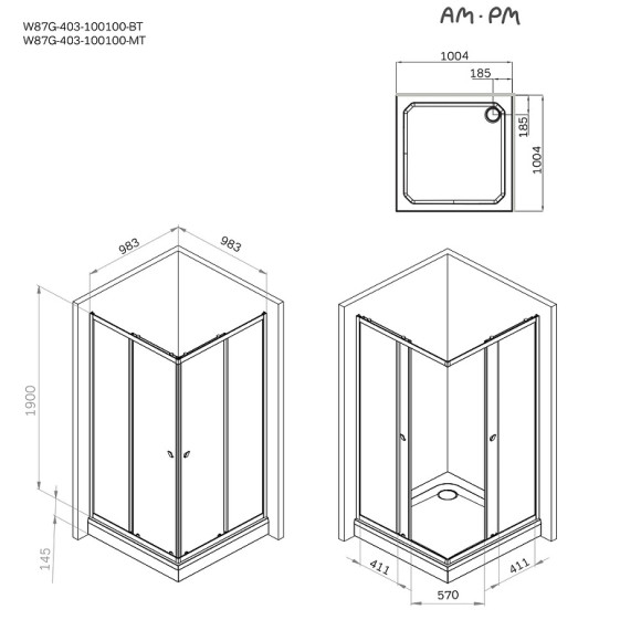 Душевой уголок AM.PM Sunny 100х100 W87G-403-100100-BT профиль Черный матовый стекло прозрачное Душевой уголок AM.PM Sunny 100х100 W87G-403-100100-BT профиль Черный матовый стекло прозрачное