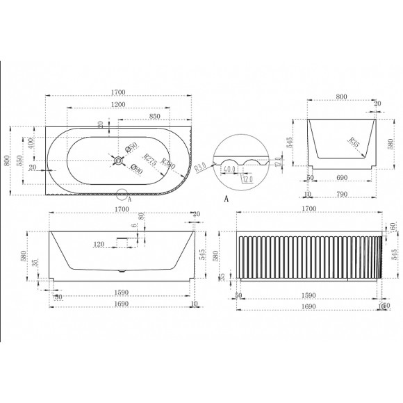 Акриловая ванна Abber 170х80 AB9412-1.7 L без гидромассажа