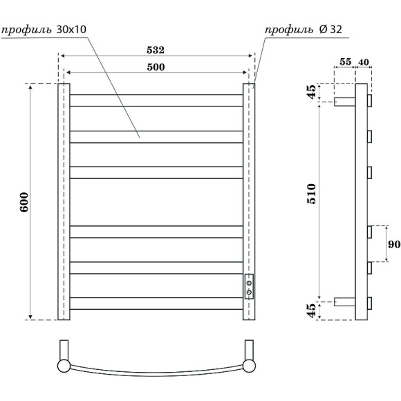 Электрический полотенцесушитель Point Антея PN17856B П6 500x600 диммер справа Черный Электрический полотенцесушитель Point Антея PN17856B П6 500x600 диммер справа Черный