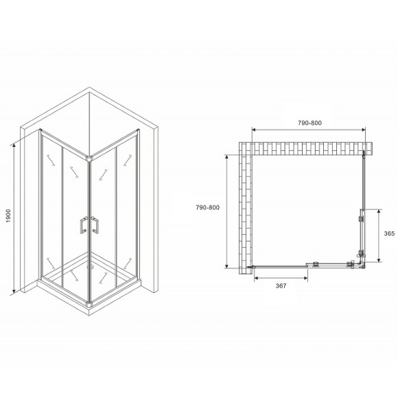 Душевой уголок Abber Schwarzer Diamant 80x80 AG02080B5 профиль Черный стекло прозрачное