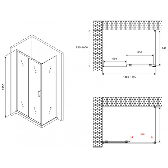 Душевой уголок Abber Schwarzer Diamant 130x100 AG30130BMH-S100BM профиль Черный стекло матовое