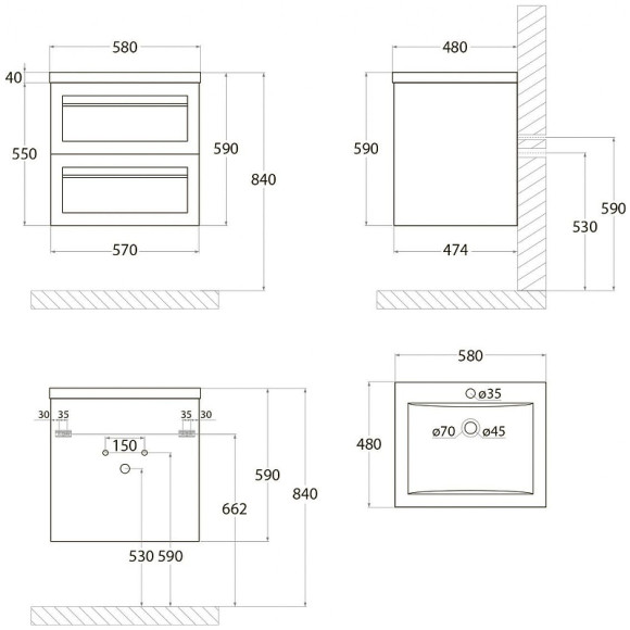 Тумба под раковину Art&Max AM-Platino-580-2C-SO-NM подвесная Черная матовая Тумба под раковину Art&Max AM-Platino-580-2C-SO-NM подвесная Черная матовая