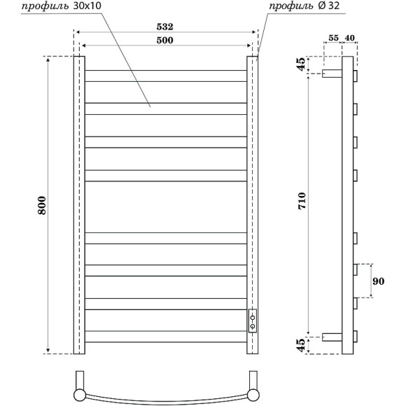 Электрический полотенцесушитель Point Антея PN17858B П8 500x800 диммер справа Черный