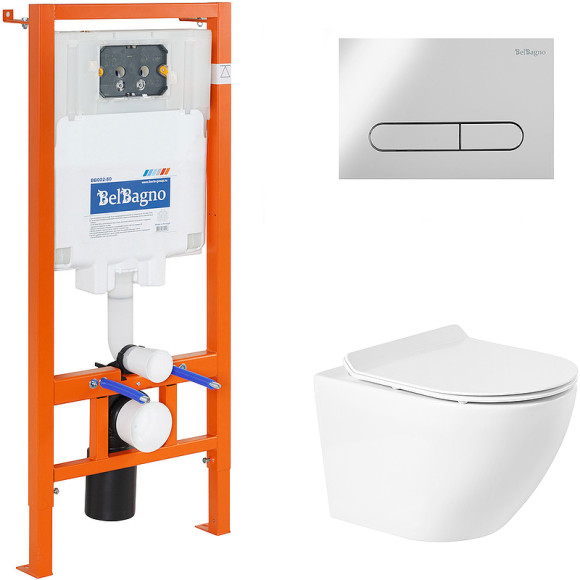 Комплект унитаза с инсталляцией BelBagno Sfera-R BB046CHR/BB2111SC/BB002-80/BB005-PR-CHROME с сиденьем Микролифт и клавишей смыва Хром глянцевый
