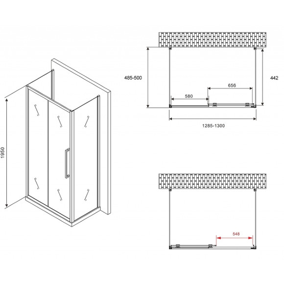 Душевой уголок Abber Schwarzer Diamant 130x50 AG30130MH-S50M-S50M профиль Хром стекло матовое