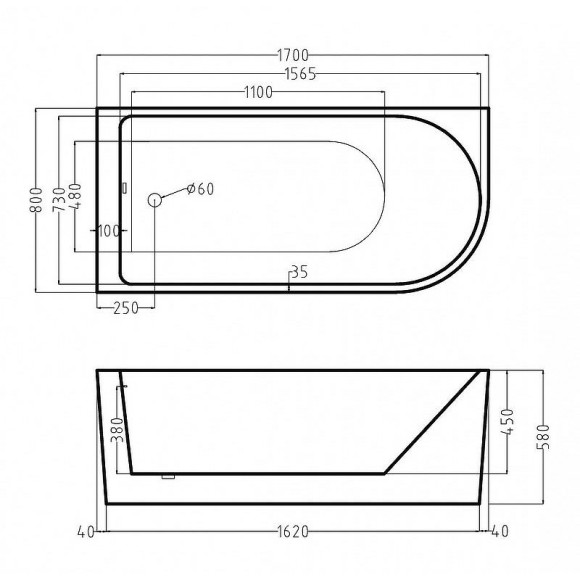 Акриловая ванна Esbano Afina 170x80 R ESVAAFINR без гидромассажа Акриловая ванна Esbano Afina 170x80 R ESVAAFINR без гидромассажа