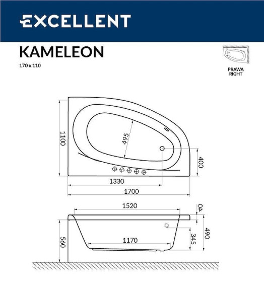 Акриловая ванна Excellent Kameleon 170x110 R WAEX.KMP17.SOFT.CR с гидромассажем