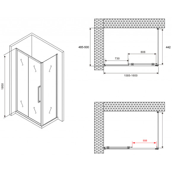 Душевой уголок Abber Schwarzer Diamant 160x50 AG30160BH-S50B профиль Черный стекло прозрачное