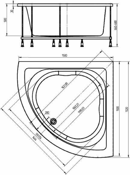 Акриловая ванна Aquatek Юпитер 150х150 UPT150-0000026 без гидромассажа с фронтальной панелью с каркасом (вклеенный) со слив-переливом Акриловая ванна Aquatek Юпитер 150х150 UPT150-0000026 без гидромассажа с фронтальной панелью с каркасом (вклеенный) со слив-переливом