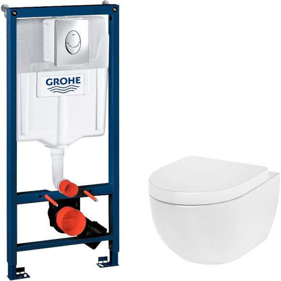 Комплект унитаза AM.PM Awe C111738WH+C117852WH с инсталляцией Grohe Rapid SL 38721001 с сиденьем Микролифт и клавишей смыва Хром