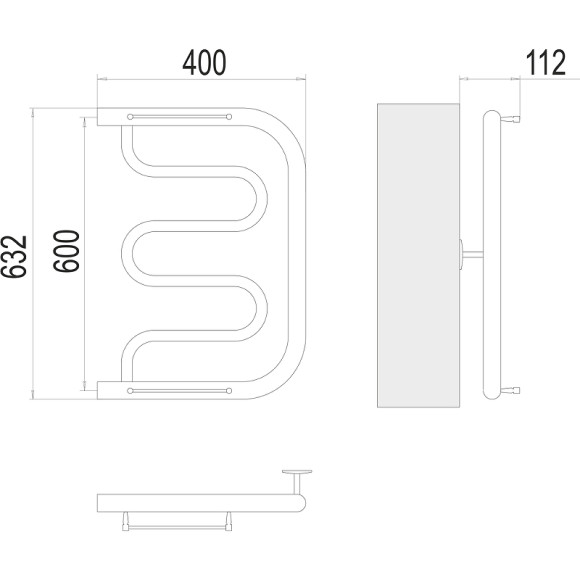 Водяной полотенцесушитель Terminus Фокстрот (1) 600x400 4620768881312 с полкой Хром, боковое подключение, G 1" НР