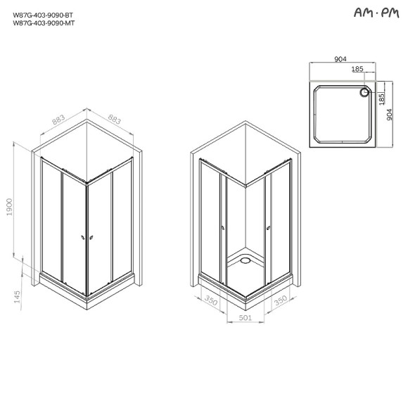 Душевой уголок AM.PM Sunny 90х90 W87G-403-9090-MT профиль Хром матовый стекло прозрачное
