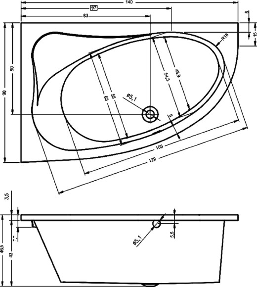 Акриловая ванна Riho Lyra 140x90 B019001005 (BA6500500000000) R без гидромассажа