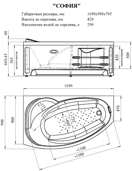 Акриловая ванна Radomir Vannesa София 169х99 R 2-75-2-2-0-223 с гидромассажем Классик Хром