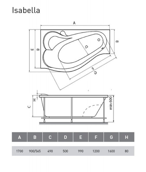 Акриловая ванна Relisan Isabella 170х90 L Гл000010529 без гидромассажа