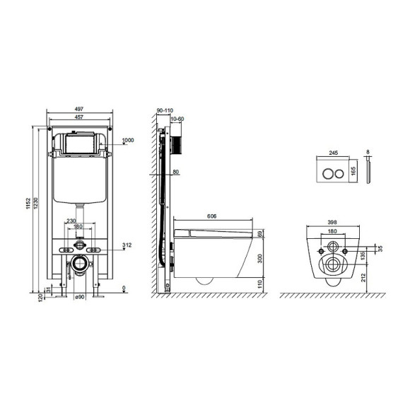 Комплект унитаза-биде Tece Spring S 955799 с инсталляцией с сиденьем Микролифт и клавишей смыва Хром глянцевый