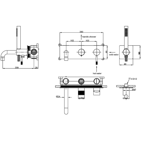 Смеситель для ванны Boheme Uno 464-3-B Черный матовый