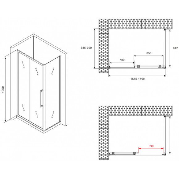 Душевой уголок Abber Schwarzer Diamant 170x70 AG30170BMH-S70BM профиль Черный стекло матовое