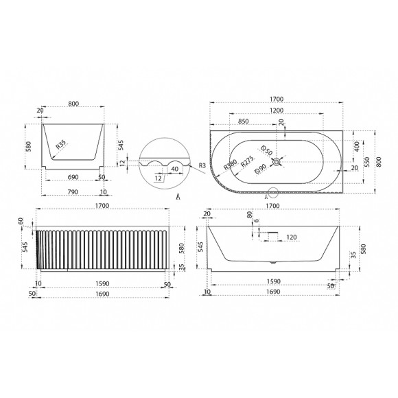Акриловая ванна Abber 170х80 AB9412-1.7 R без гидромассажа