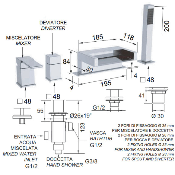 Смеситель на борт ванны Remer Qubica Cascata QC06 Хром Смеситель на борт ванны Remer Qubica Cascata QC06 Хром