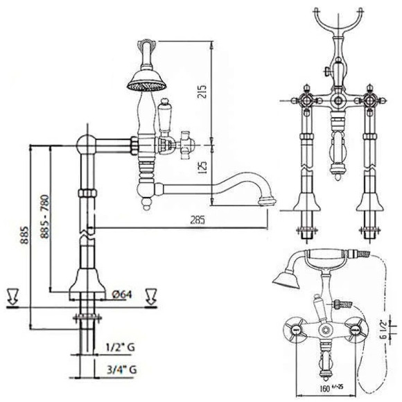Смеситель для ванны Cezares Lord LORD-VDPS2-03/24-M Золото 24 карат