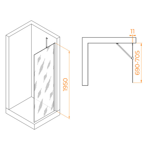 Душевая перегородка RGW Walk In WA-102Gb 70 351010207-16 профиль Золото брашированное стекло прозрачное