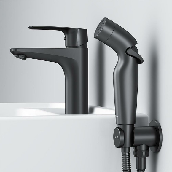 Смеситель для раковины AM.PM Gem F90A03022 с гигиеническим душем Черный матовый Смеситель для раковины AM.PM Gem F90A03022 с гигиеническим душем Черный матовый