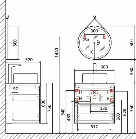 Тумба под раковину Jorno Wood 60 wood.01.60/P/GR подвесная Серая