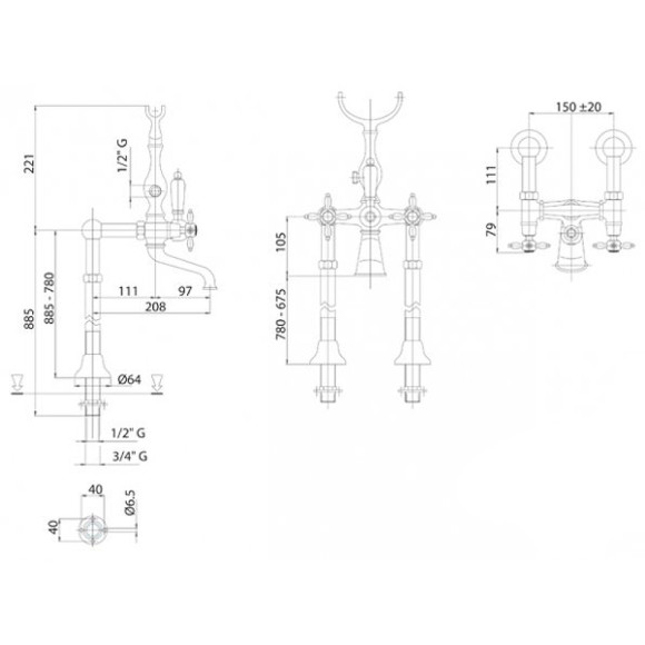 Смеситель для ванны Cezares Nostalgia NOSTALGIA-VDP-03/24-M Золото 24 карат