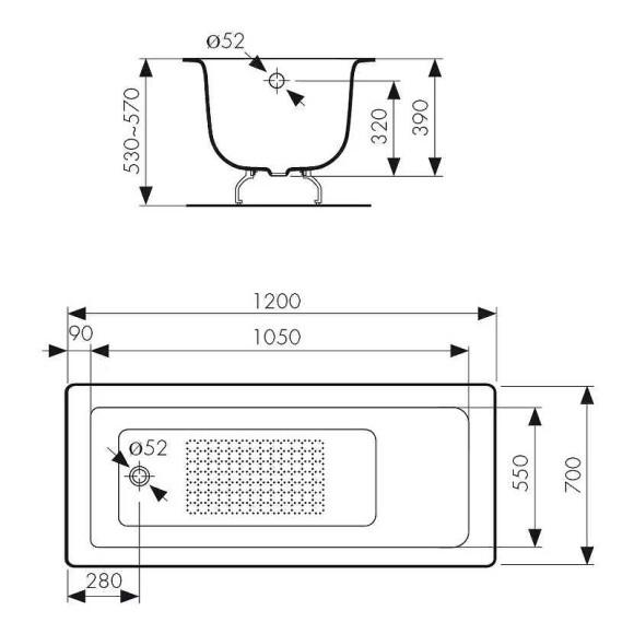 Чугунная ванна Kaiser 120х70 КВ-1601 с антискользящим покрытием