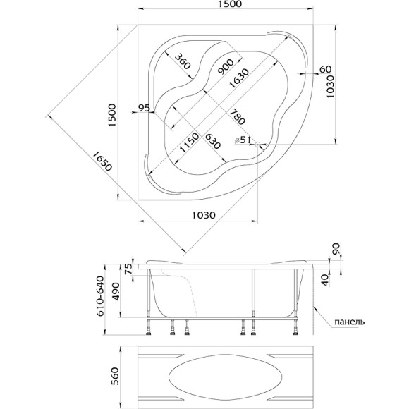 Акриловая ванна Marka One Afrodita 150х150 01аф1515 без гидромассажа Акриловая ванна Marka One Afrodita 150х150 01аф1515 без гидромассажа