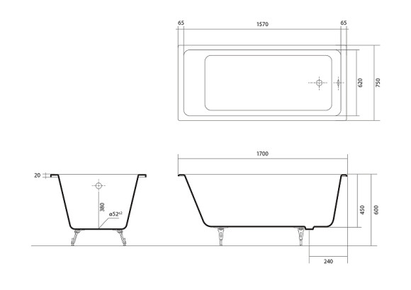 Чугунная ванна Aquatek Альфа 170x75 AQ8970F-00 без антискользящего покрытия