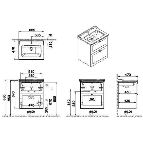 Тумба с раковиной Vitra Root Classic 60 68848 подвесная Белая матовая