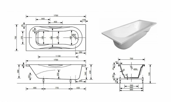 Ванна из искусственного камня Эстет Эллис 170х75 ФР-00008586 без гидромассажа