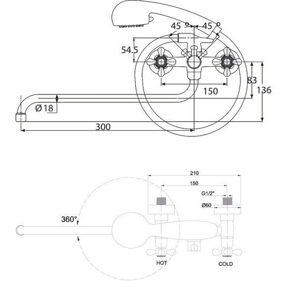 Смеситель для ванны Kaiser Carlson Style 44255 универсальный Хром
