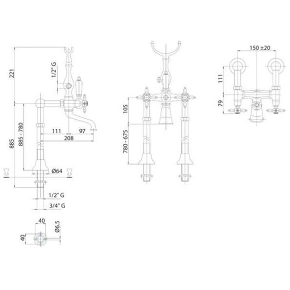 Смеситель для ванны Cezares Nostalgia NOSTALGIA-VDPS-03/24-M Золото 24 карат